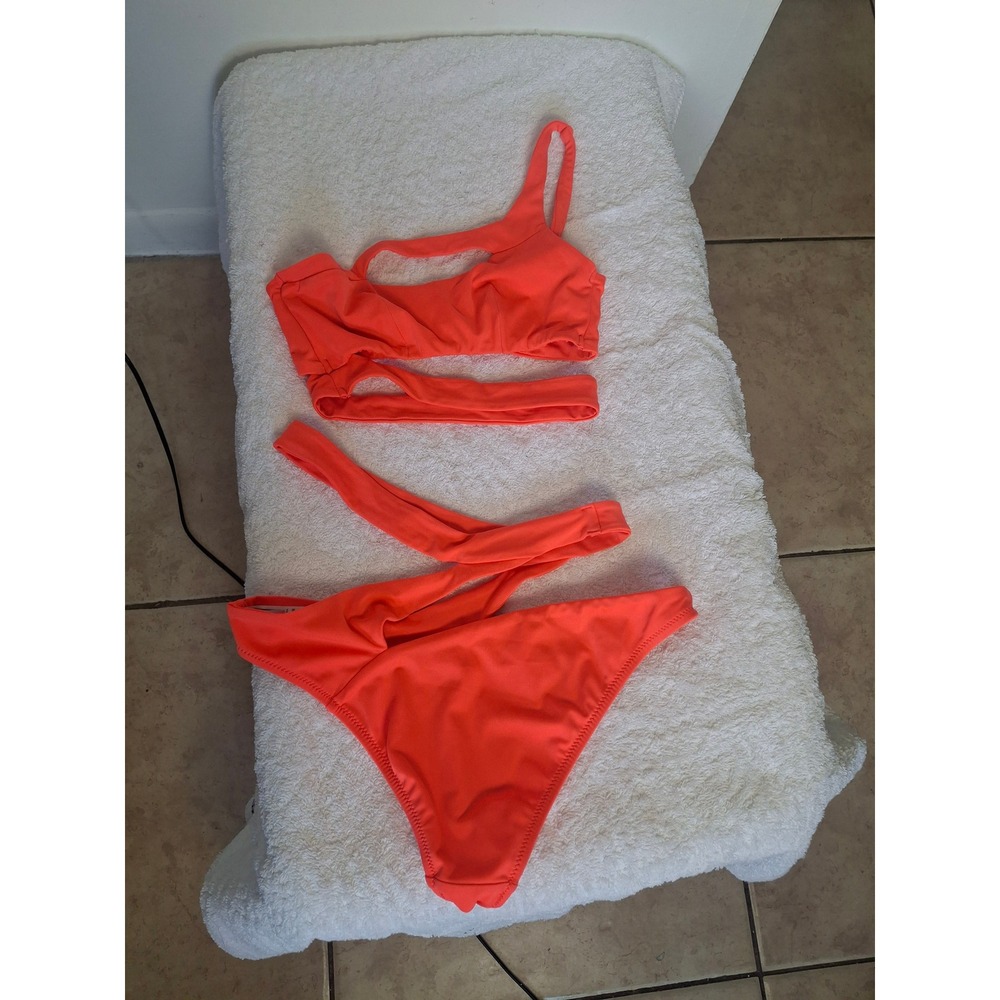 Agent Provocateur Mazzy Bikini Set Neon Orange Cutout One Shoulder Swimsuit 2 3